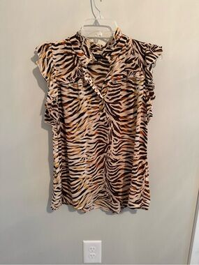 Who What Wear Zebra-Print Ruffle Shell - Brown, Beige, Gold